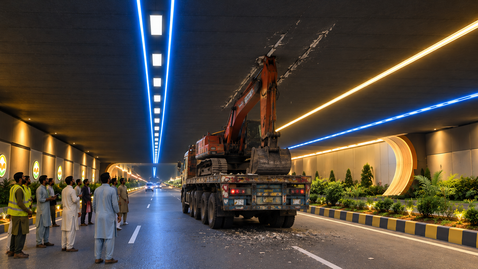 Excavator Truck Damages Islamabad Underpass Lights